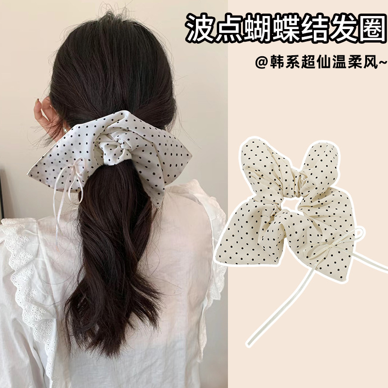 波点蝴蝶结方形大肠发圈头饰女韩系高级飘带头花发绳方巾发饰发带