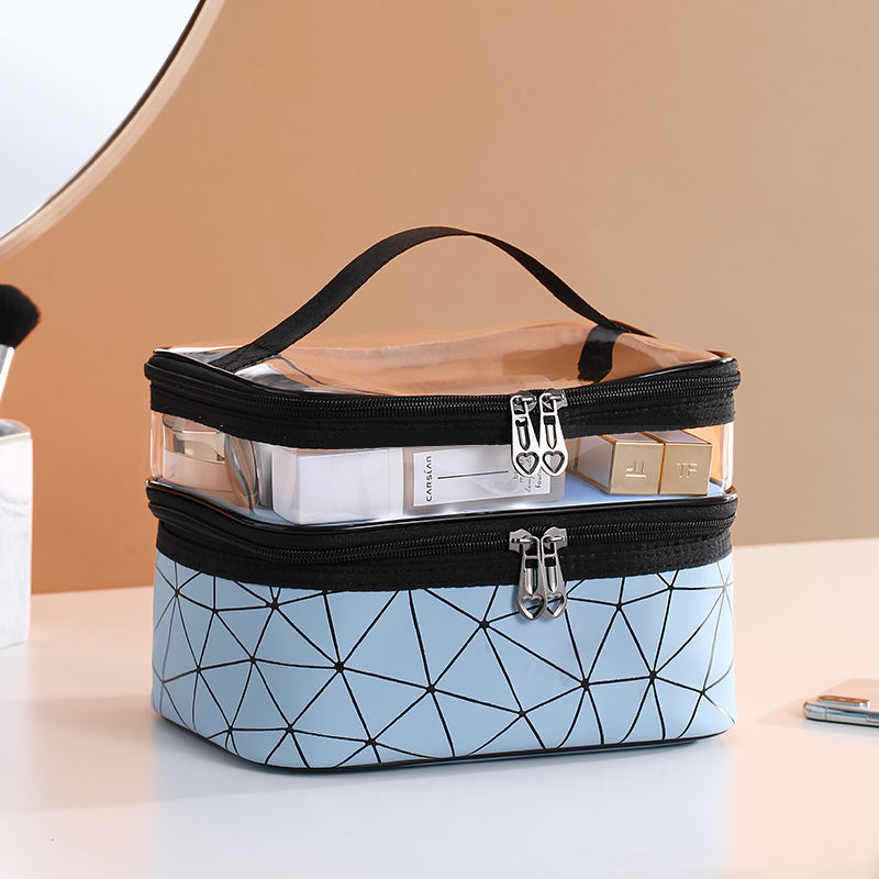 New Double-Layer Cosmetic Bag Box Plaid Portable Women's Makeup Artist Multi-Function Storage Wash Makeup in Stock Wholesale