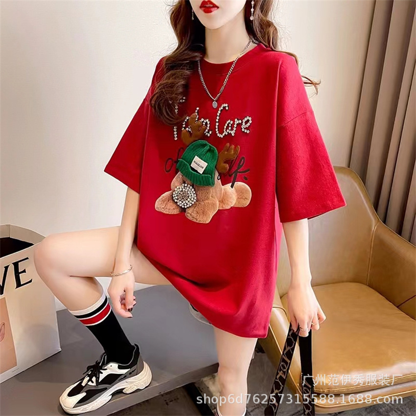 2023 New Summer Rhinestone T-shirt Short Sleeve Women's Loose Large Size European Goods Exquisite Rhinestone Cartoon Trendy Ins Women's Top