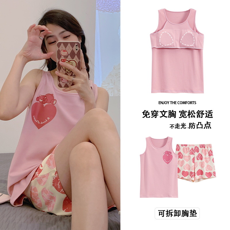 2023 New Padded Pajamas Women's Summer Cotton Vest Shorts Nipple Coverage Thin Cotton Sleeveless Home Wear