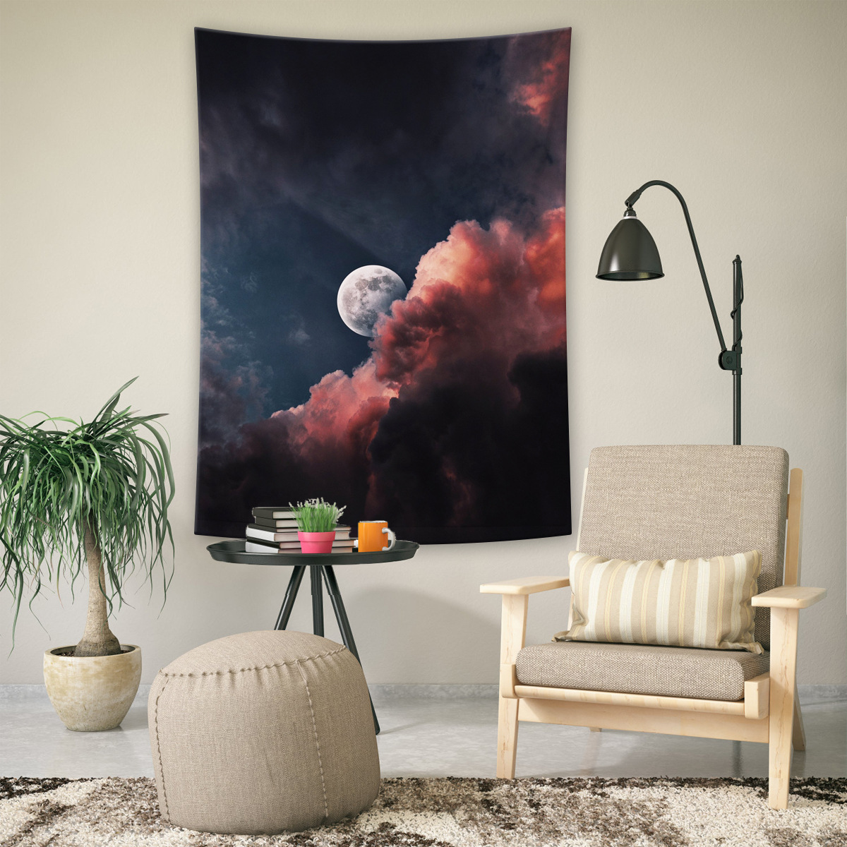 客厅月亮印花背景布 ins风家居挂墙装饰画布 房间走廊玄关壁挂毯