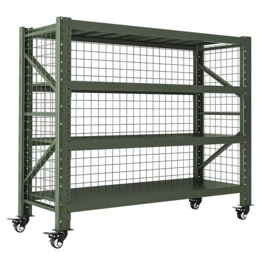 军绿色移动货架带轮周转架带网战备物资架装备器材架仓储盾牌架子