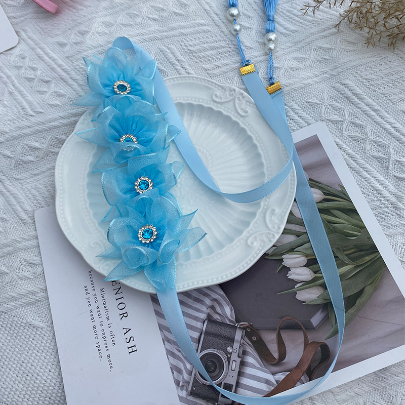 夏季新款女童古风刘苏盘发带女孩可爱仙女花环头饰花苞丸子头发饰