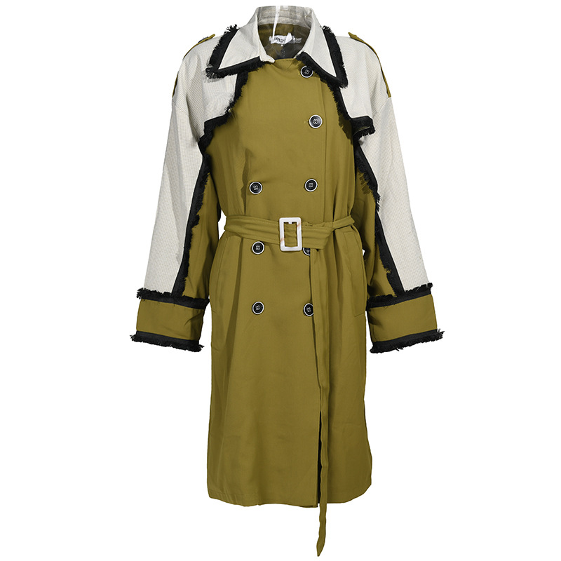 2021英伦侦探风斗篷流苏系带风衣女秋拼接撞色宽松长外套一件代发
