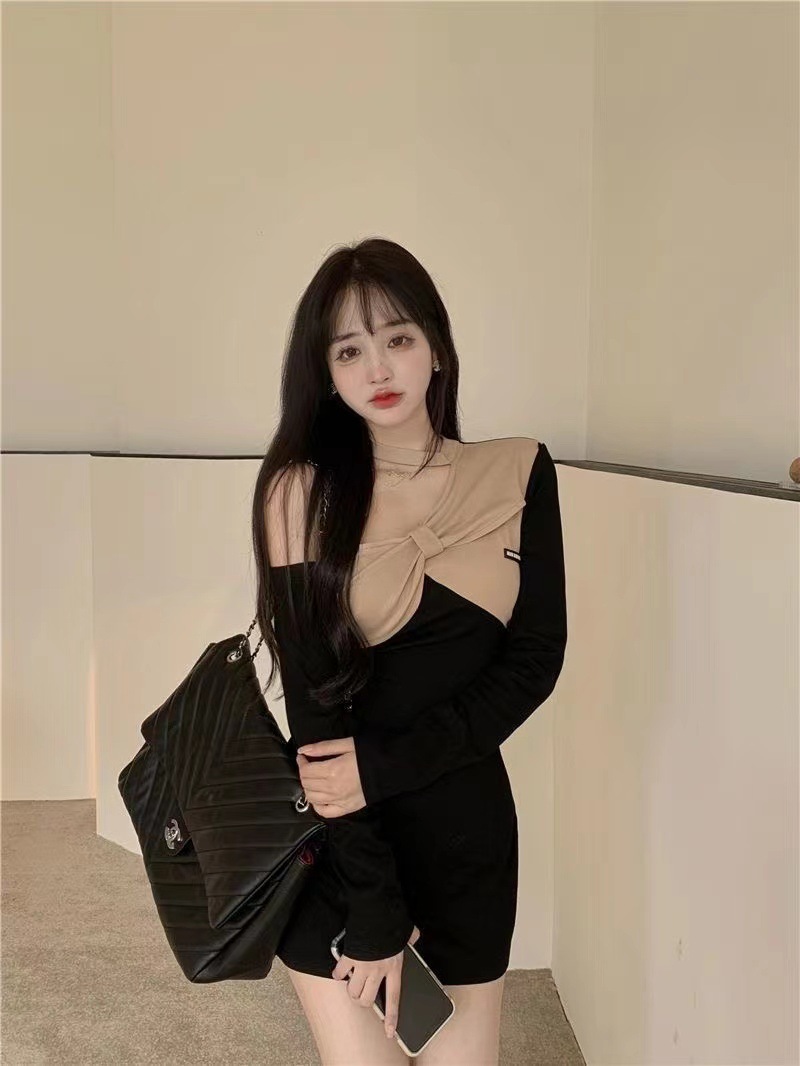 御姐禁欲系露香肩蝴蝶结连衣裙长袖包臀短裙纯欲辣妹穿搭