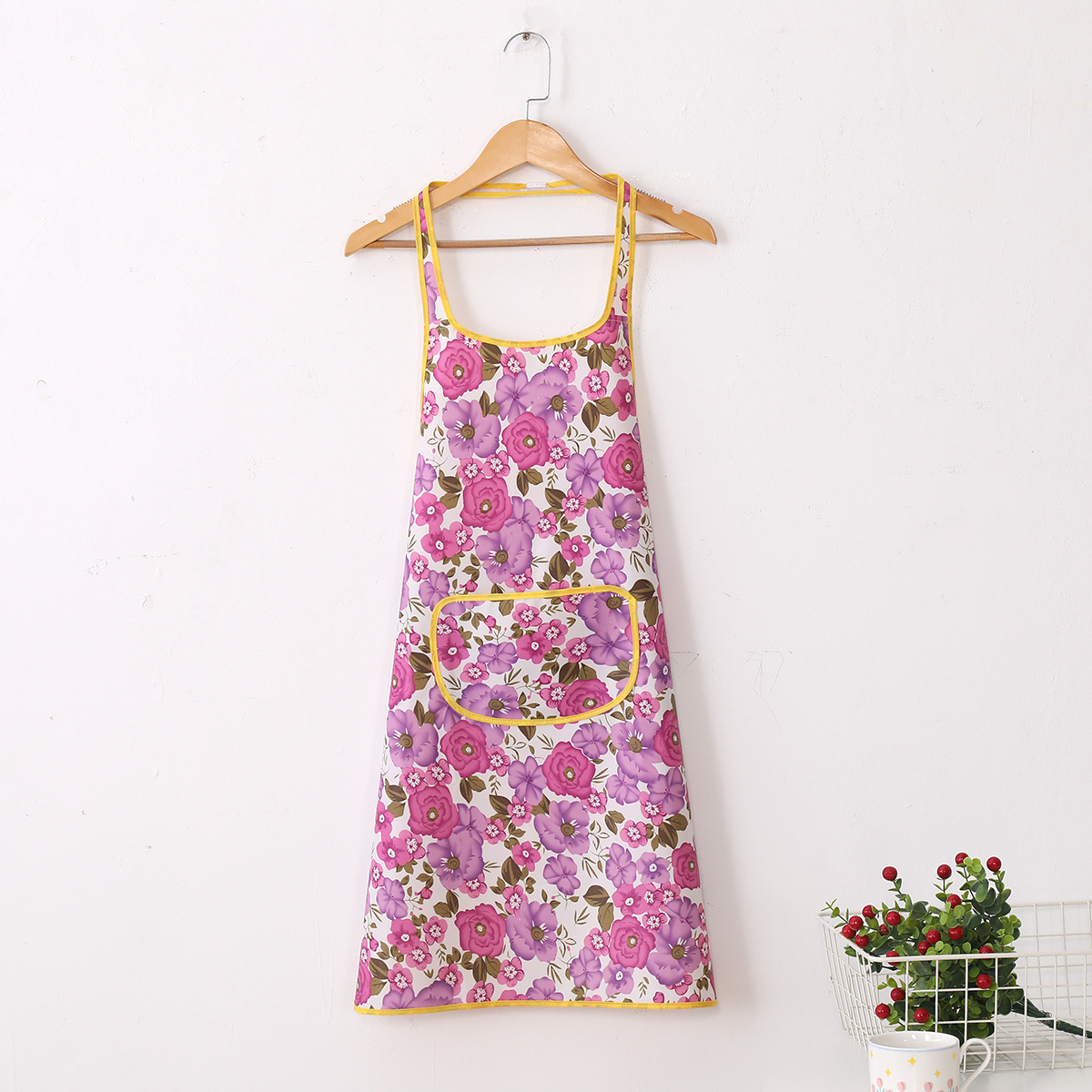 色丁复合围裙黄边pvc印花围裙aliexpress格子花围裙包边外贸