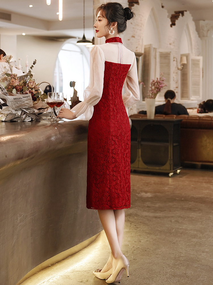 中式旗袍敬酒服新娘新款感酒红色结婚订婚回门服礼服裙女