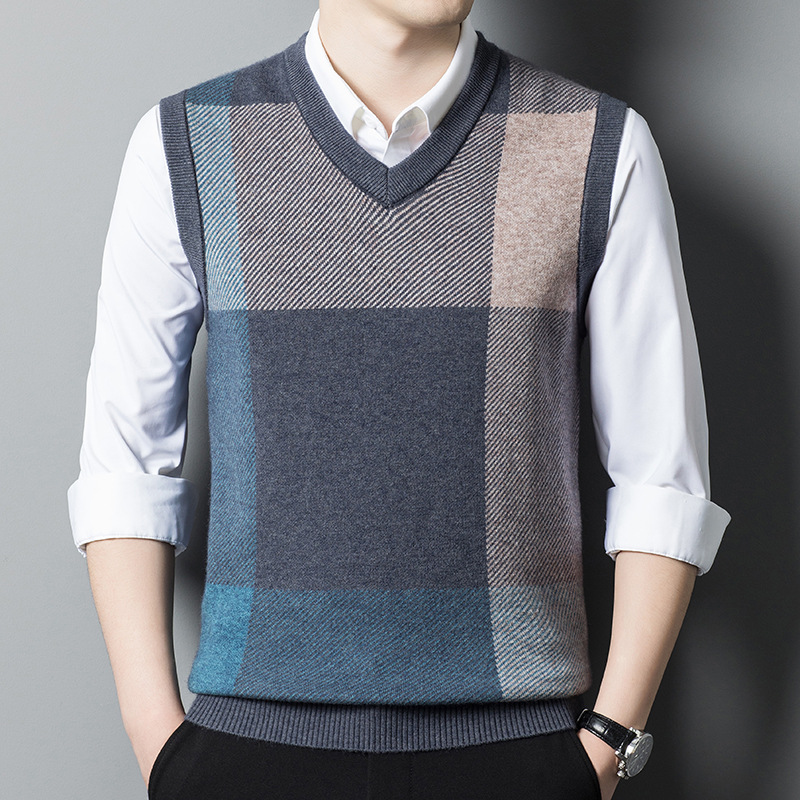 2022秋冬男士v领加纯羊毛套头毛背心中年休闲格子厚马甲男羊毛衫