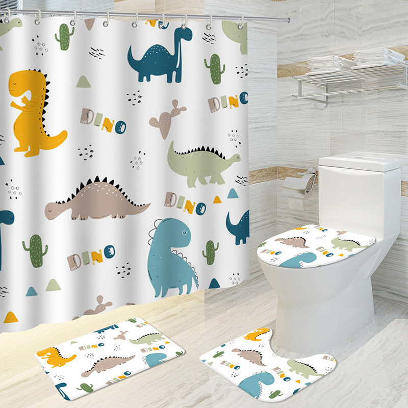 Foreign Trade Wholesale Marine Animal Shower Curtain Four-Piece Cartoon Animal Digital Printing Polyester Waterproof Bathroom Curtain Full Set