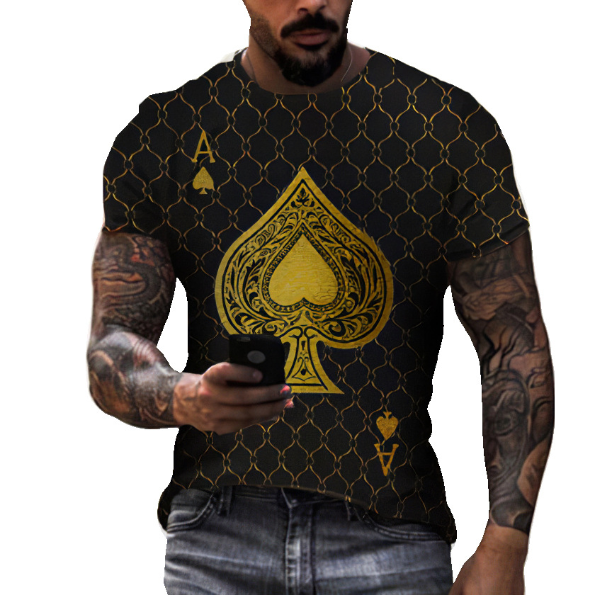 外贸新款黑桃at恤男士休闲街头服饰亚马逊独立站3d印花短袖t恤衫