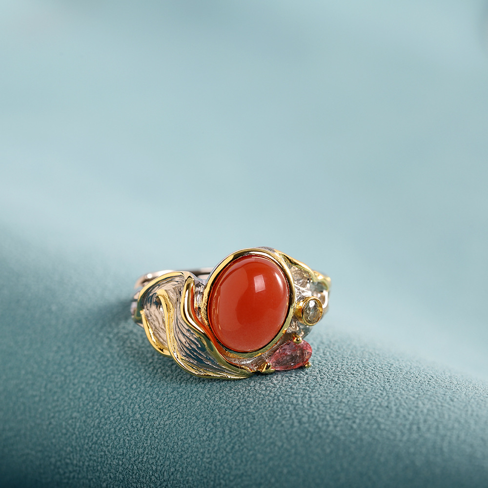 人品银品 s925银镶嵌南红玛瑙戒指 时尚轻奢个性女式开口指环