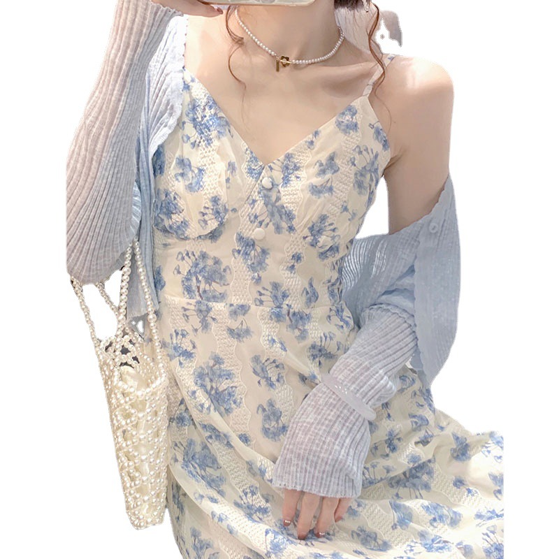 2023 New French First Love High-Grade Blue Floral Strap Dress for Women Fried Street Anti-Aging Outfits Spring and Summer