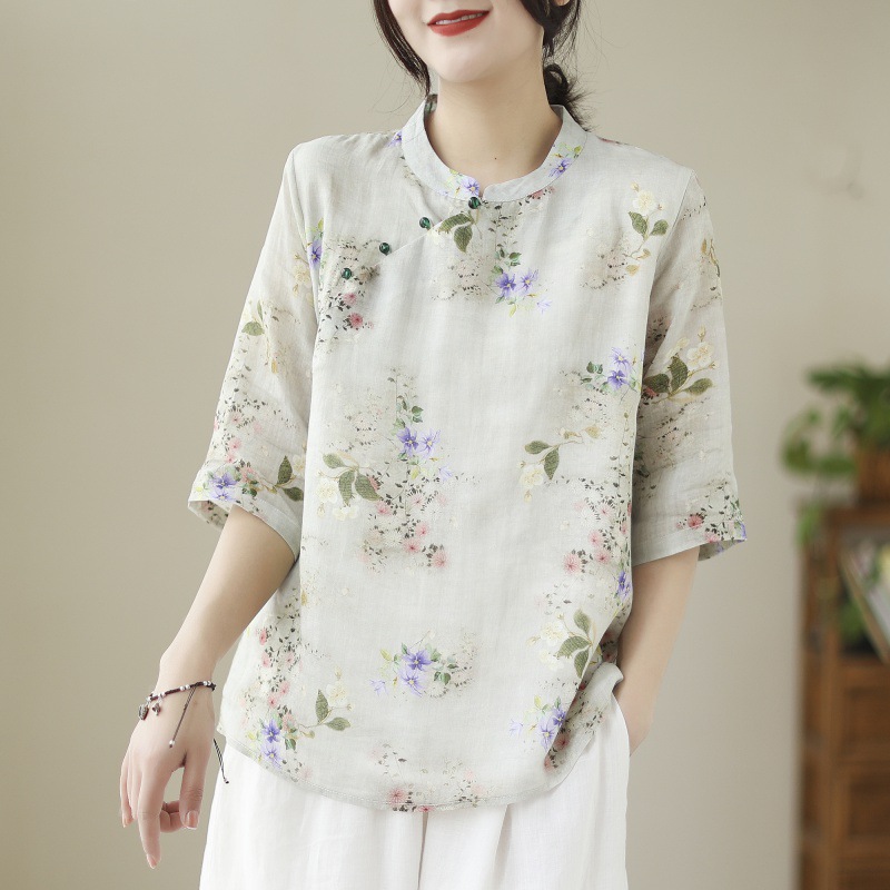 2024夏季新款女装中国风立领印花套头上衣女复古中式-