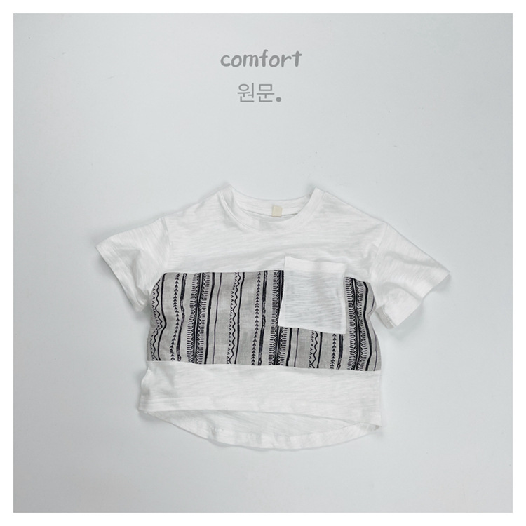 日系韩版儿童短袖T恤2024夏季新款男童棉质百搭口袋拼接条纹上衣
