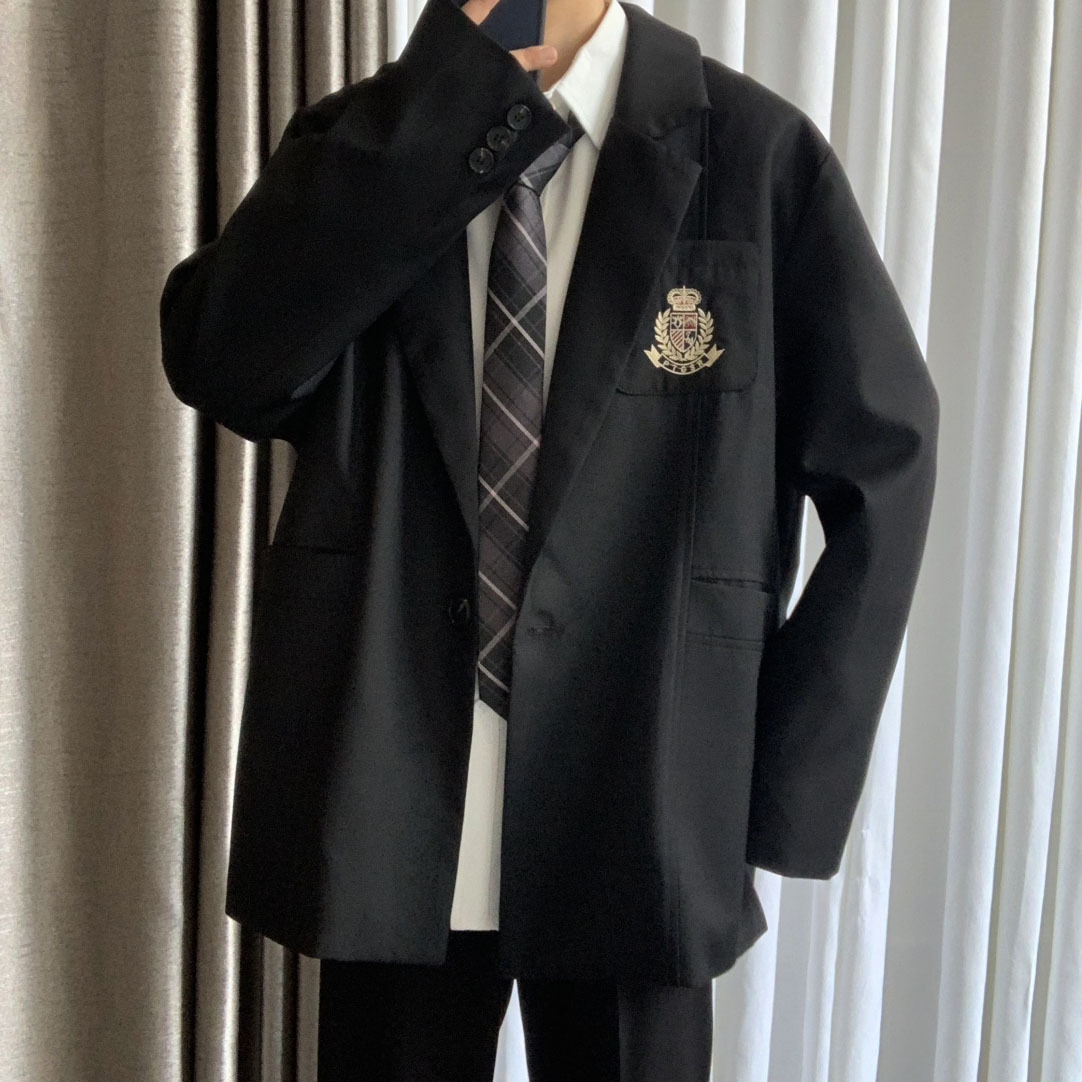 学院风春季2021新款休闲西装男dk制服徽章刺绣宽松情侣装西服外套