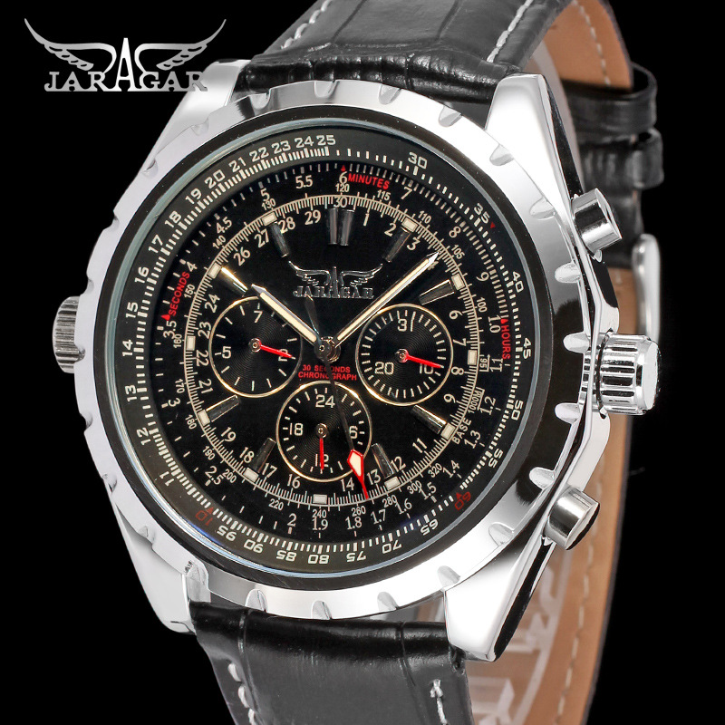 JARAGAR手表  黑色三眼六针数字面自动机械手表 皮带腕表手表