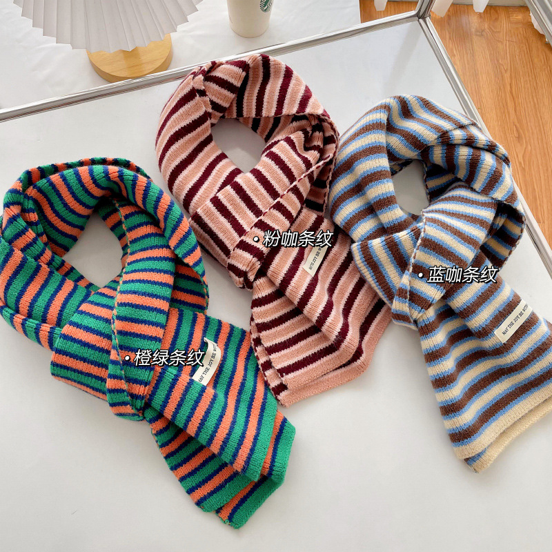 knitted scarf female autumn and winter korean style versatile contrast color striped student couple thickened warm wool scarf neck protection