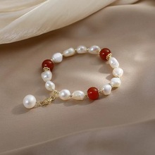 天然巴洛克异形淡水真珍珠手链女小众设计气质韩国红玛瑙首饰