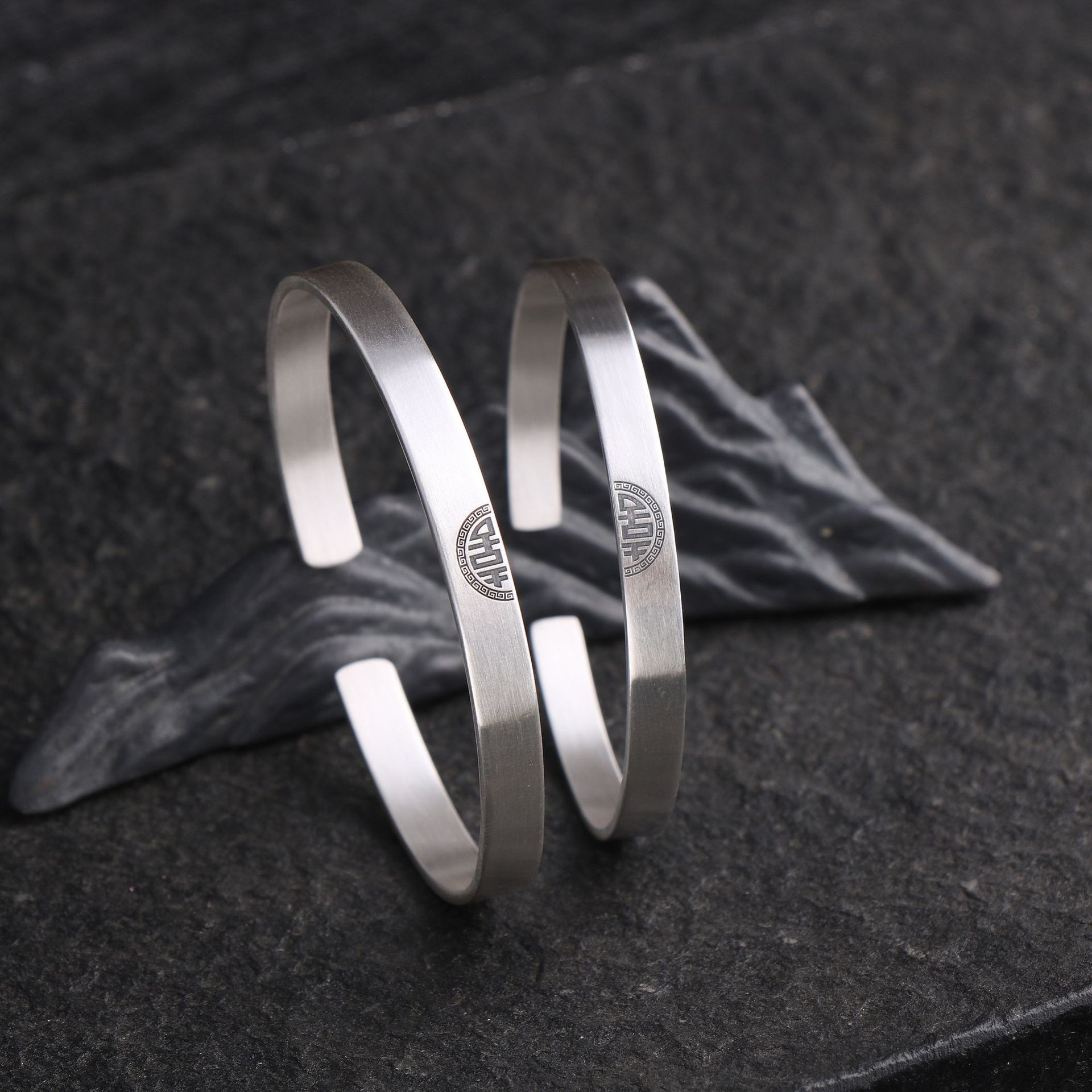 复古999纯银镯子 古典民族双喜素面个性开口男女士情侣手镯送女友