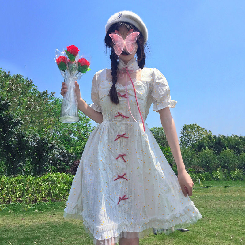 公主裙仙女裙夏季日系软妹小雏菊蝴蝶结泡泡短袖收腰连衣裙学生女