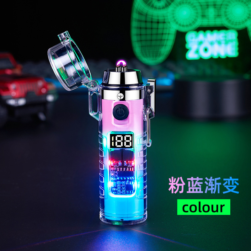 New Transparent Shell Charging Pulse Lighter Cylindrical Waterproof Arc with Flashlight Cigarette Lighter Cross-Border Supply