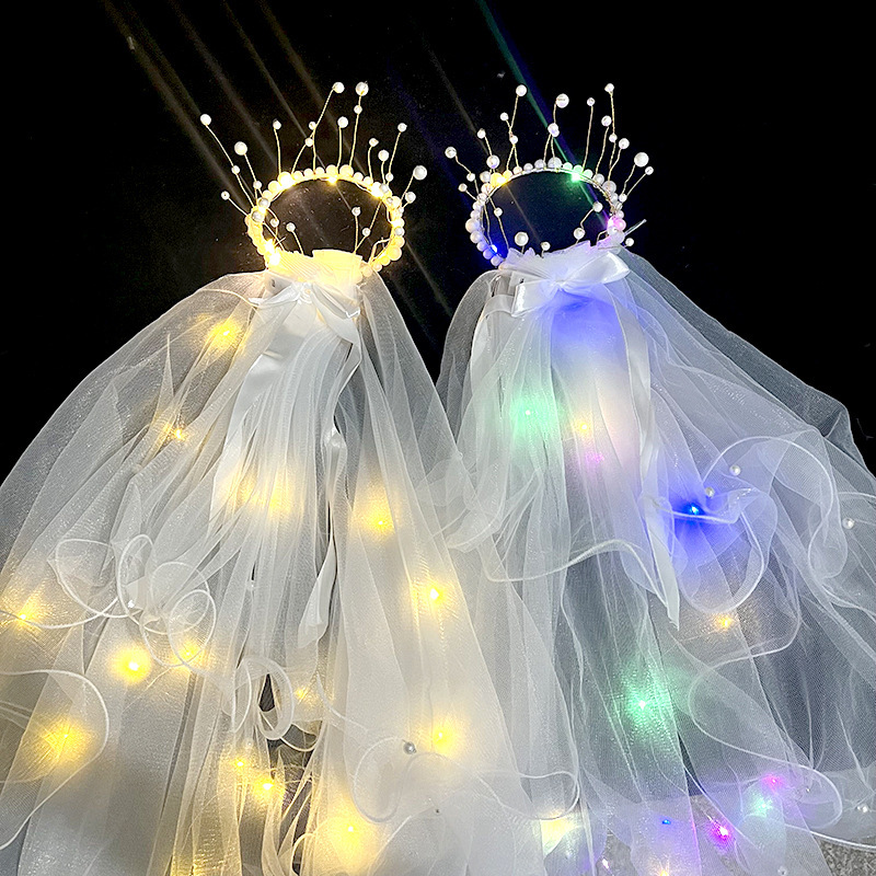 网红头纱带灯发光双层流苏皇冠珍珠皇冠丝带蝴蝶结头纱头饰夜市地