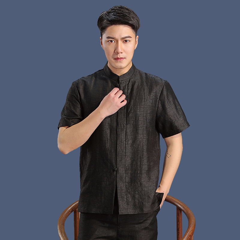 正品香云纱莨绸立领短袖男式衬衫中老年人休闲上衣桑蚕丝真丝男装