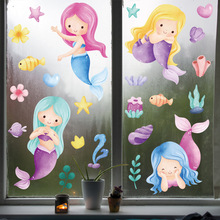 卡通美人鱼双面静电贴纸ADJ系列跨境玻璃墙贴画橱窗装饰墙贴批发