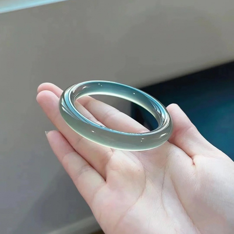 玉髓手镯库里蓝蓝色胖圆条镯子女士圆条玛瑙玉石手环直播货源批发