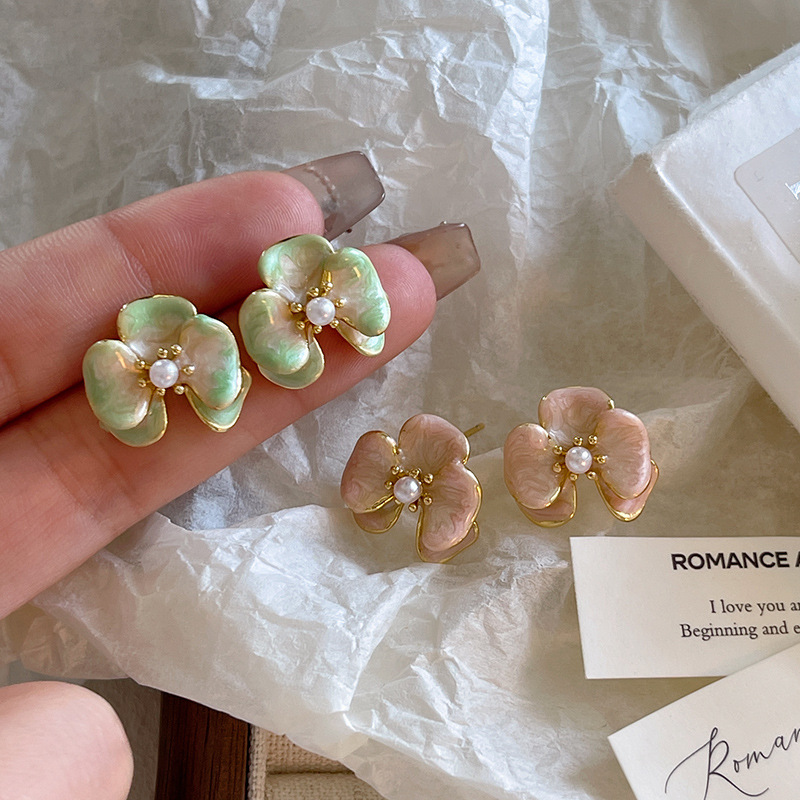 french style gentle and all-match elegant pearl earrings s925 sterling silver needle mori style fresh drip glazed flower stud earrings for women