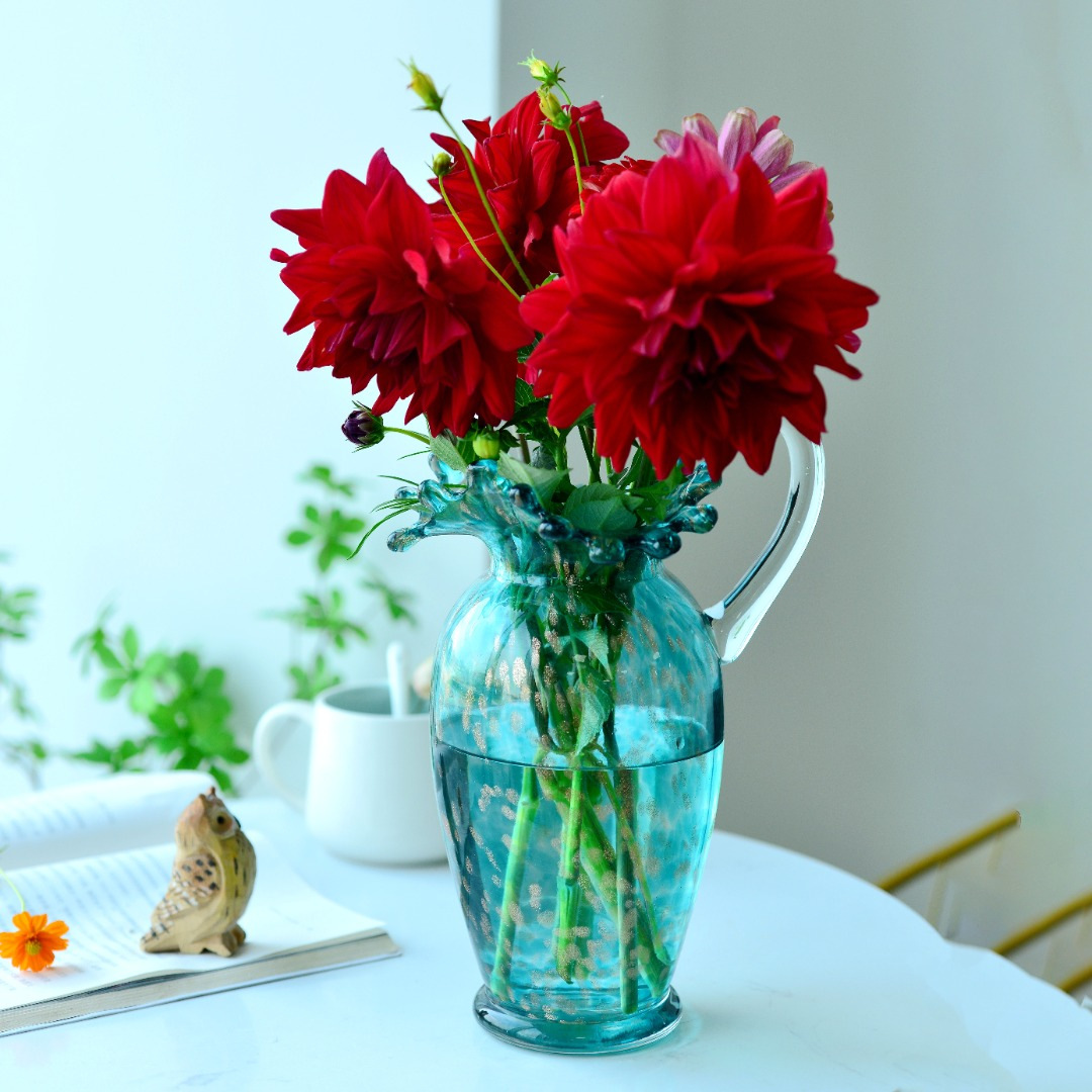 家居饰品宝石蓝撞色樱花粉鎏金花蝴蝶古典手工玻璃花器花瓶摆件