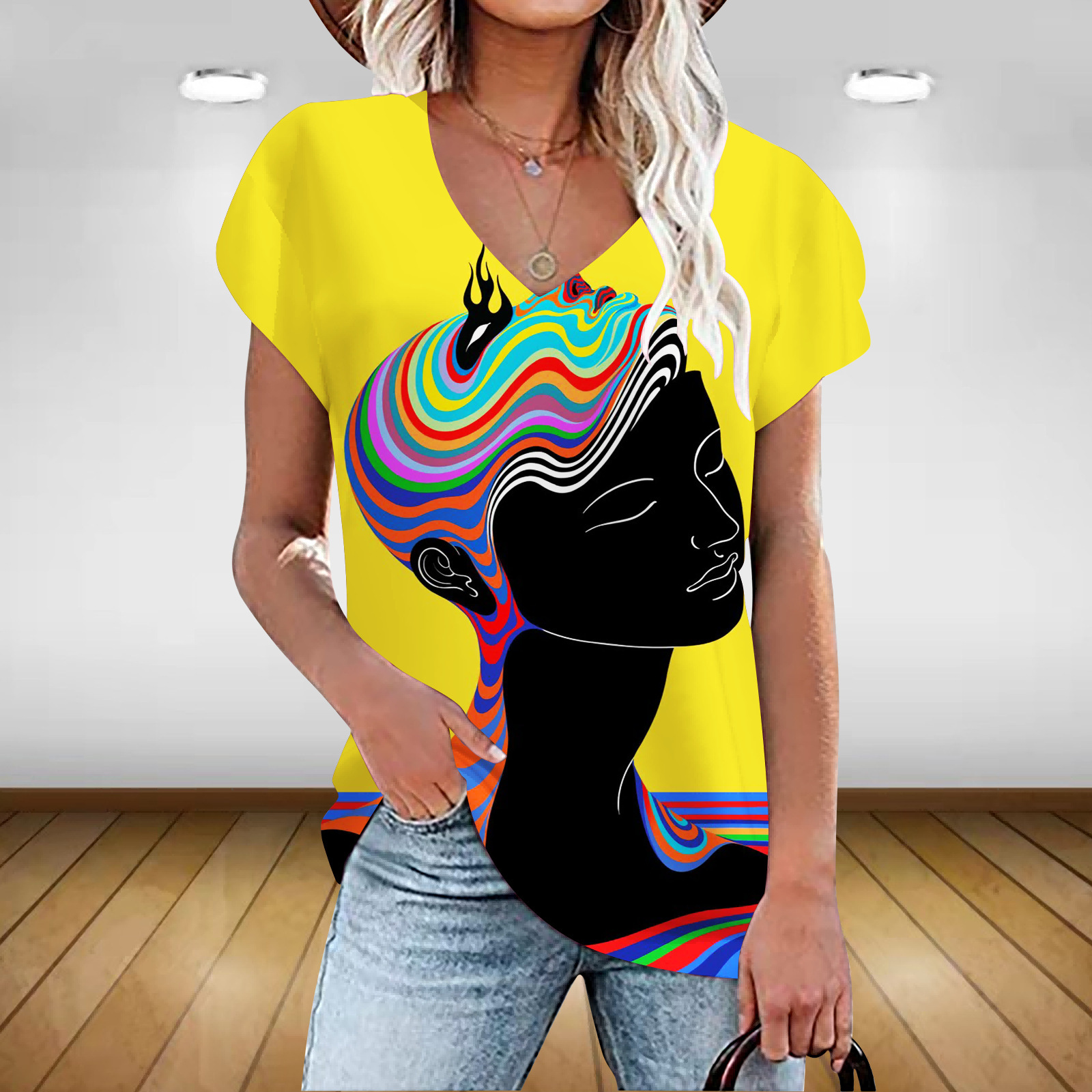 外贸女装货源都市休闲套头v领短袖宽松抽象图案欧美3d数码印花t恤