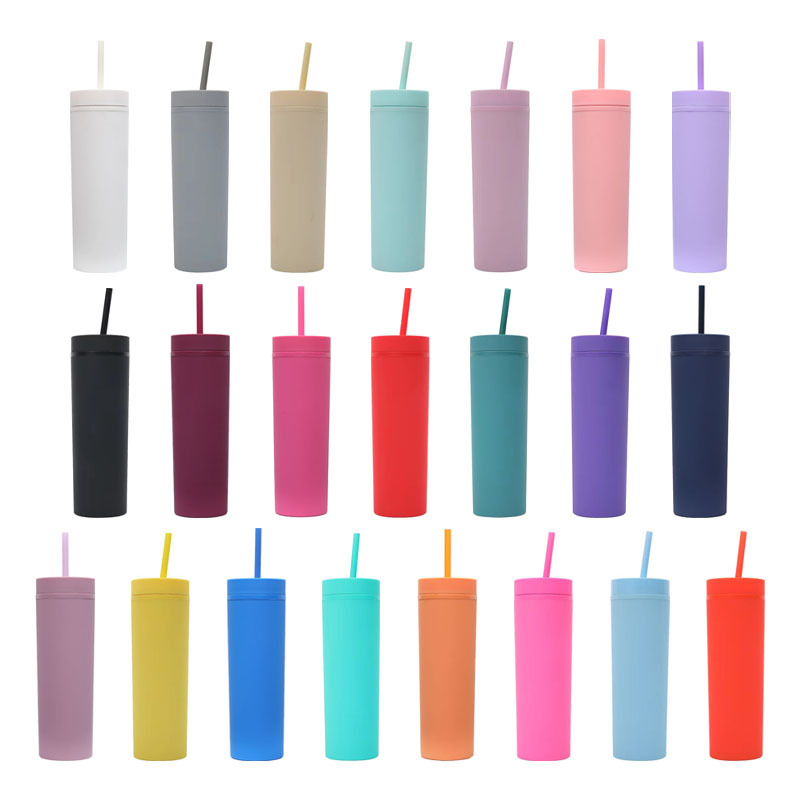 2023 New Cross-Border Factory Direct Supply Frosted Double-Layer Plastic Cup Simple and Convenient Water Cup 16Oz Straight Straw Cup