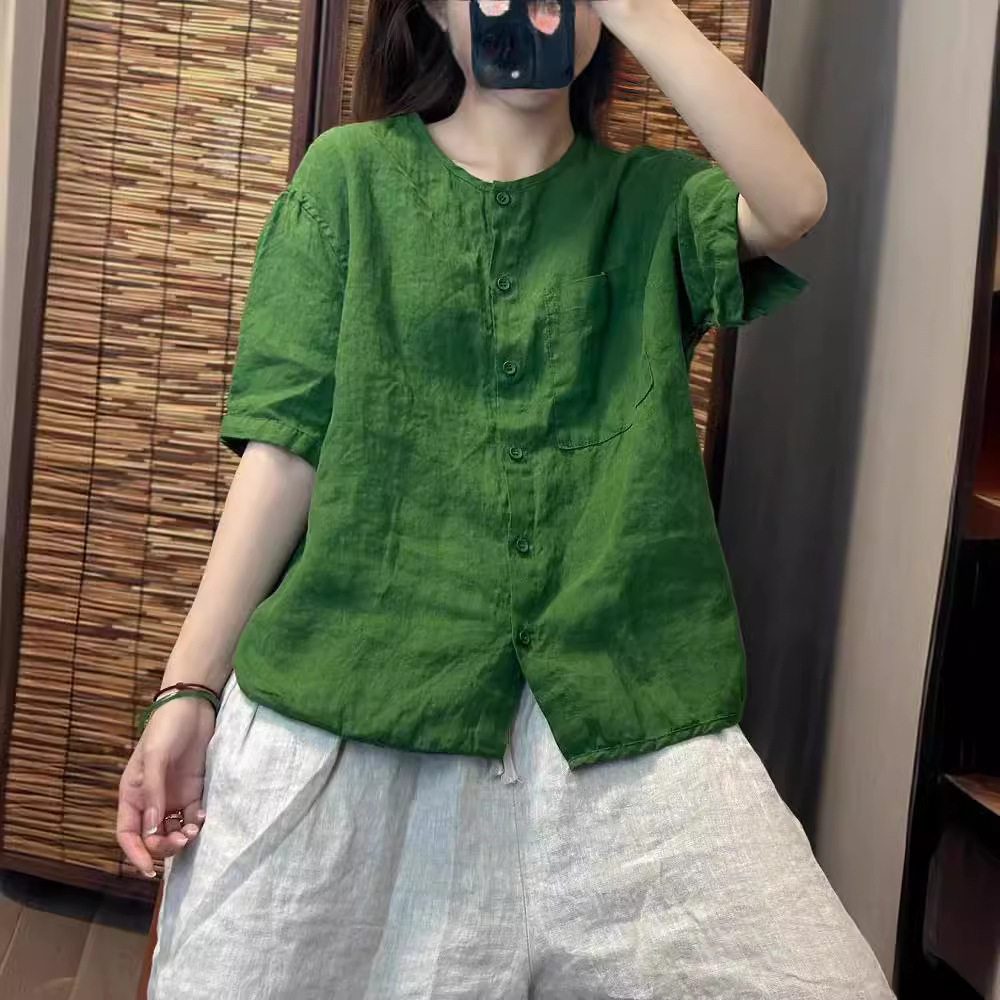 澜之魅纯亚麻短袖上衣 2024夏季新款文艺复古宽松圆领开衫上衣女