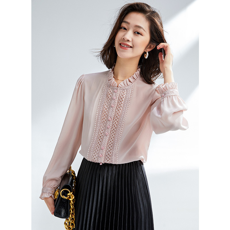 french elegant 03 stone washed crepe de chine 100 silk shirt women 2024 puff sleeve lace stitching mulberry silk top