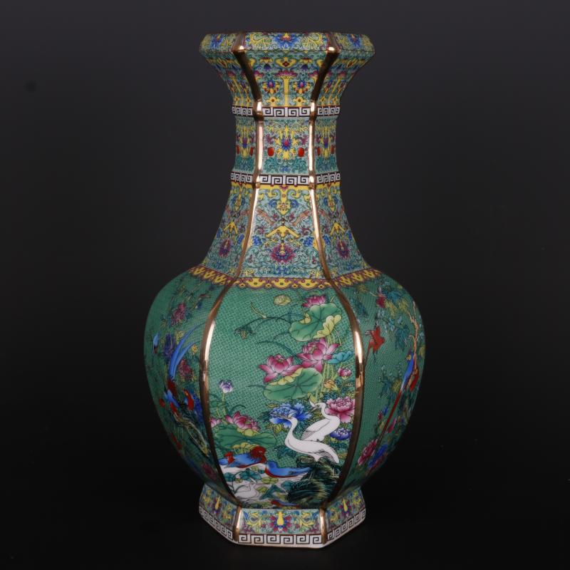 清乾隆珐琅彩花鸟六方瓶仿古工艺瓷器家居中式摆件古董古玩收藏