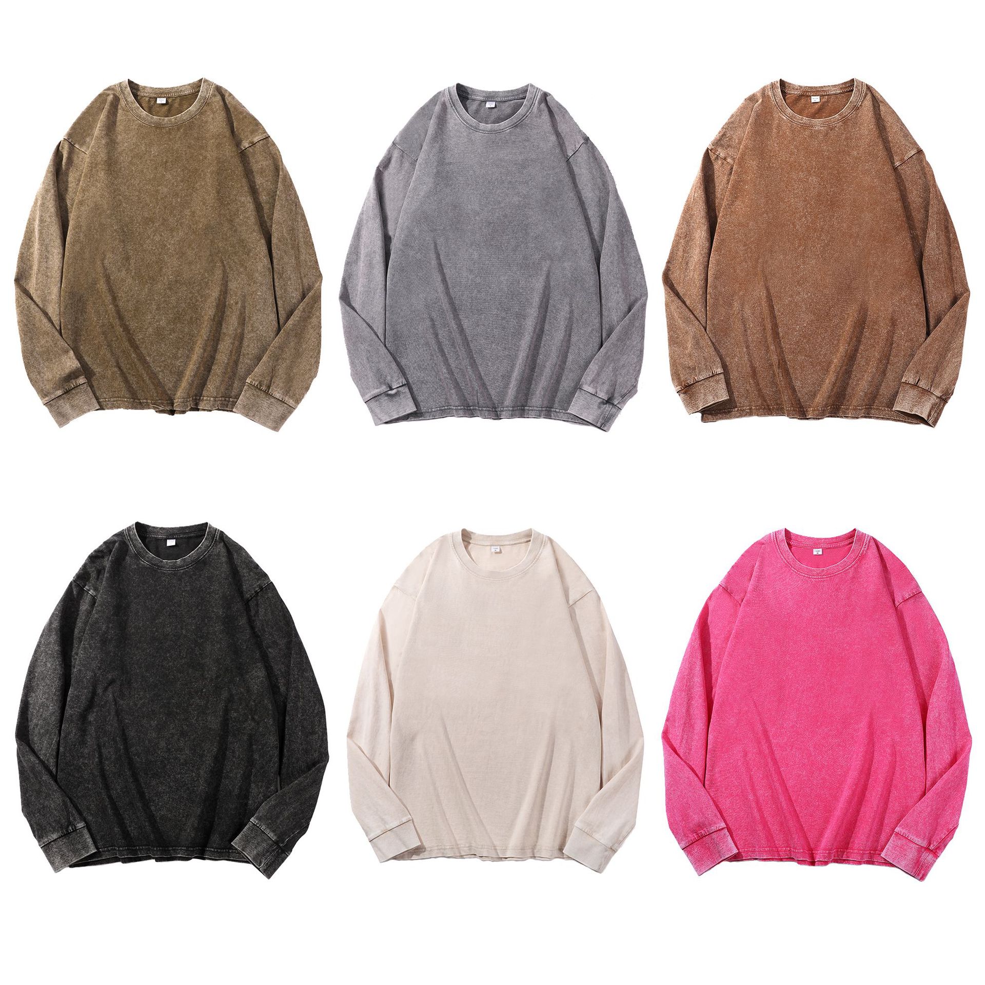 水洗做旧长袖束口纯棉彩色T恤秋季新款美式复古男女同款大码宽松