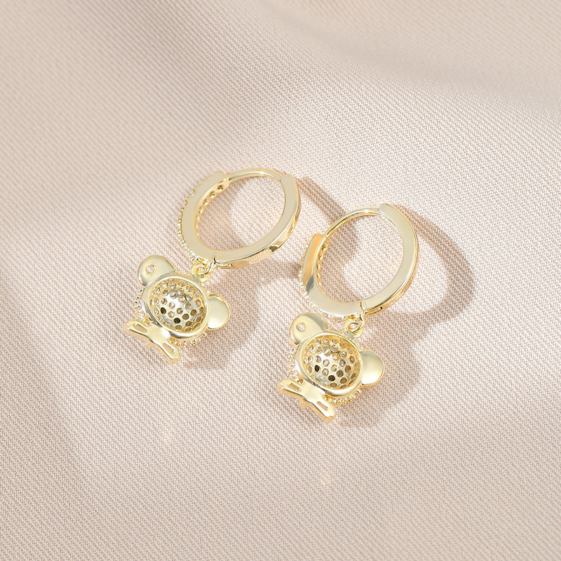 Real Gold Electroplated Inlaid Zircon Elegant Earrings Women's High-Grade Full Diamond Bear Earrings Korean-Style Chic and Unique Ear Clip Tide