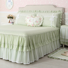 xyt巧致全棉带裙边床单单件床裙蕾丝花边绿色纯棉床罩三件套床盖