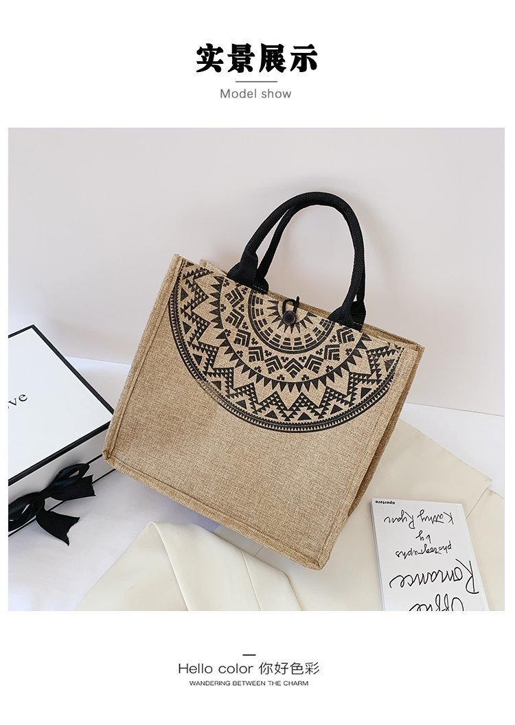 跨境麻布手提包女 2022韩版复合黄麻布袋子时尚大容量单肩购物袋