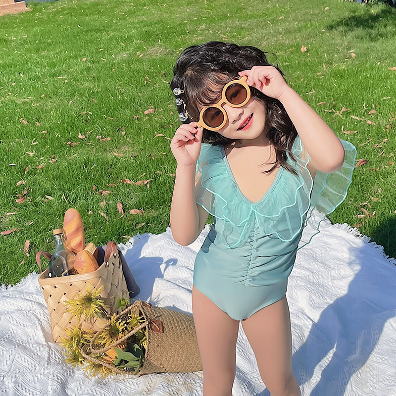 ins韩国儿童泳衣女童比基尼泡温泉泳装宝宝可爱蕾丝露背连体泳衣