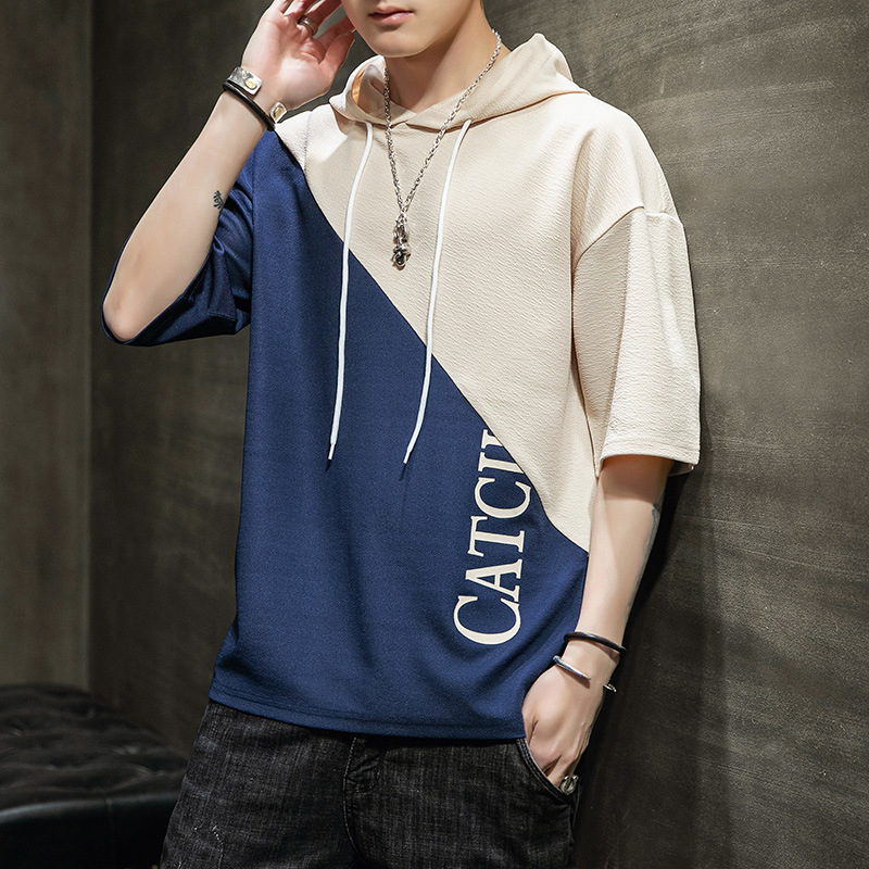 男士短袖t恤夏季新款韩版宽松休闲连帽衫潮拼接半袖打底衫速卖通