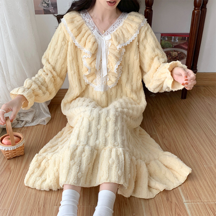 长毛绒睡裙女秋冬季法兰绒睡衣加绒加厚款长袖甜美冬天保暖家居服