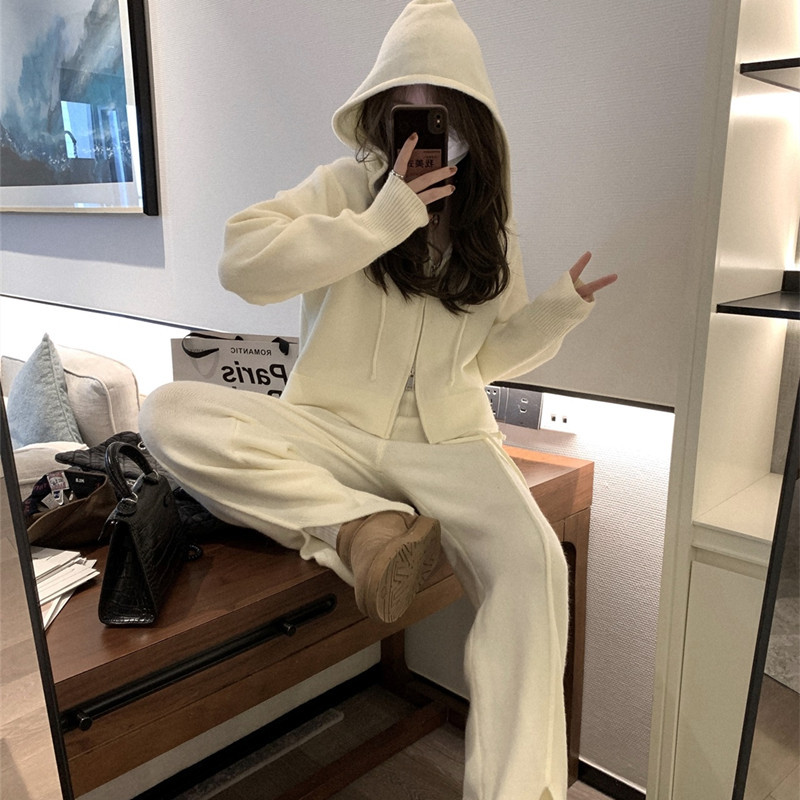 Lazy Sweater Suit Female 2024 Autumn and Winter New Hooded High Waist Knit Coat Slit Casual Pants Two-Piece Set