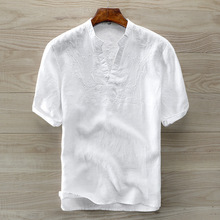 夏季2018男式亚麻套头衬衫中国风休闲刺绣V领T恤厂家供货一件代发