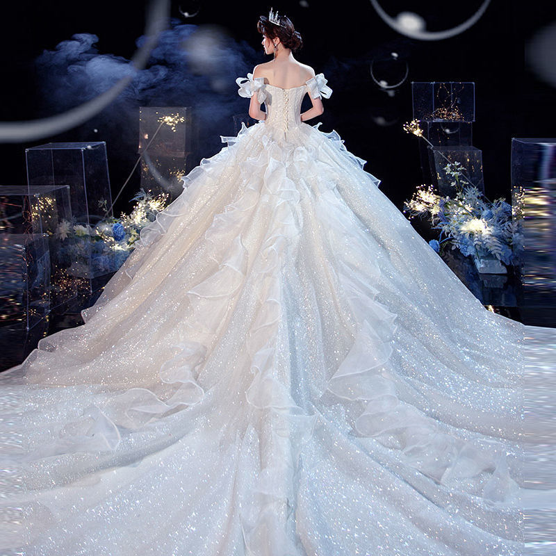 主婚纱2021新款夏季新娘气质欧式拖尾一字肩森系简约超仙梦幻星空