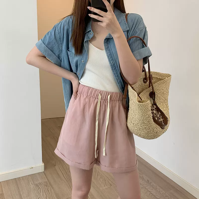 不退不换 天丝亚麻卷边阔腿短裤女夏高腰宽松显瘦五分空调休闲裤