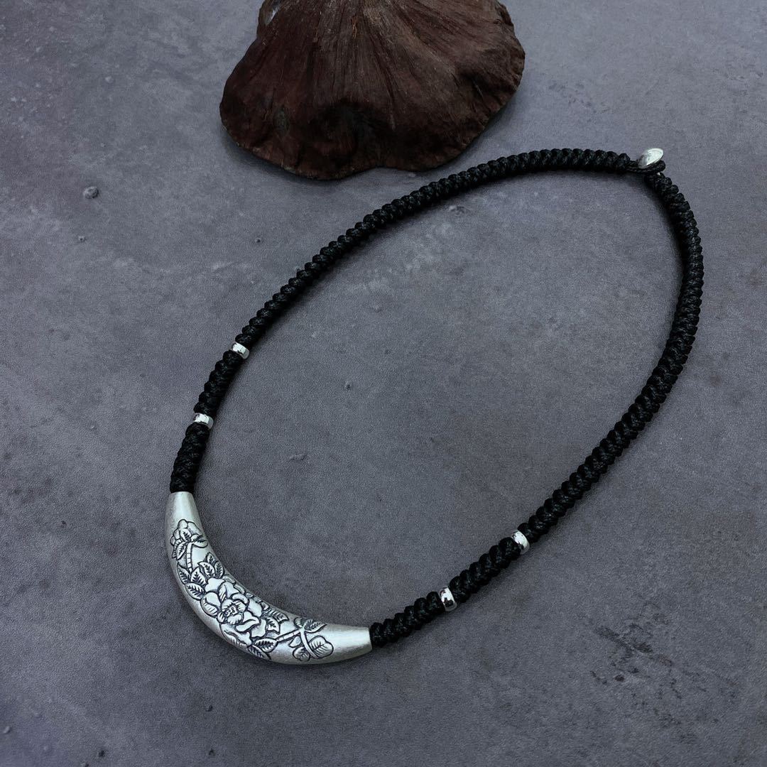 琪隆990纯银弯管蜡绳编织项圈民族风项链民族时尚女士锁骨链黑色