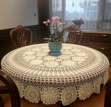 5OH3手工钩针钩花美式中式餐桌布怀旧纯棉编织台布圆形白米色