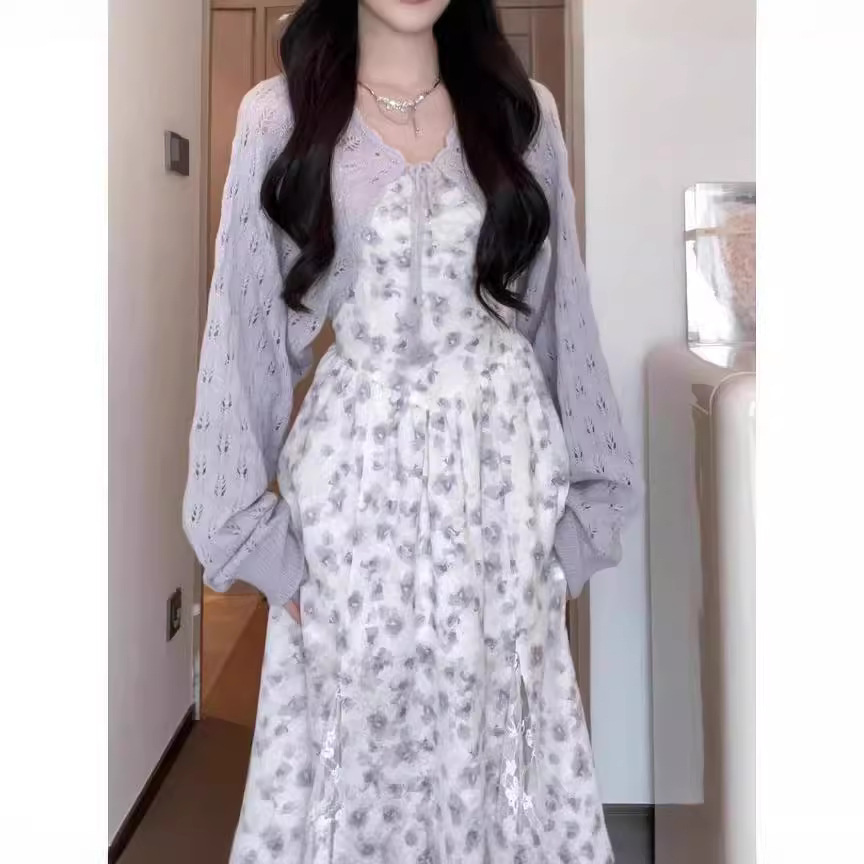 碎花吊带连衣裙子春夏2024新款时尚女装海边度假针织衫上衣套装女